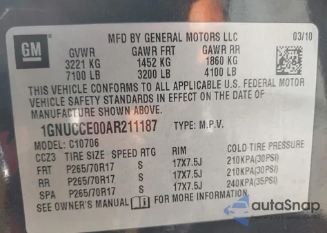 2010 Chevrolet Tahoe Ltz z USA, uszkodzony, nr VIN 1GNUCCE00AR211187